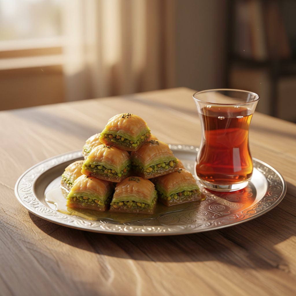This image depicts a selection of Turkish tea and small squares of baklava on a silver plated tray, set against the backdr...