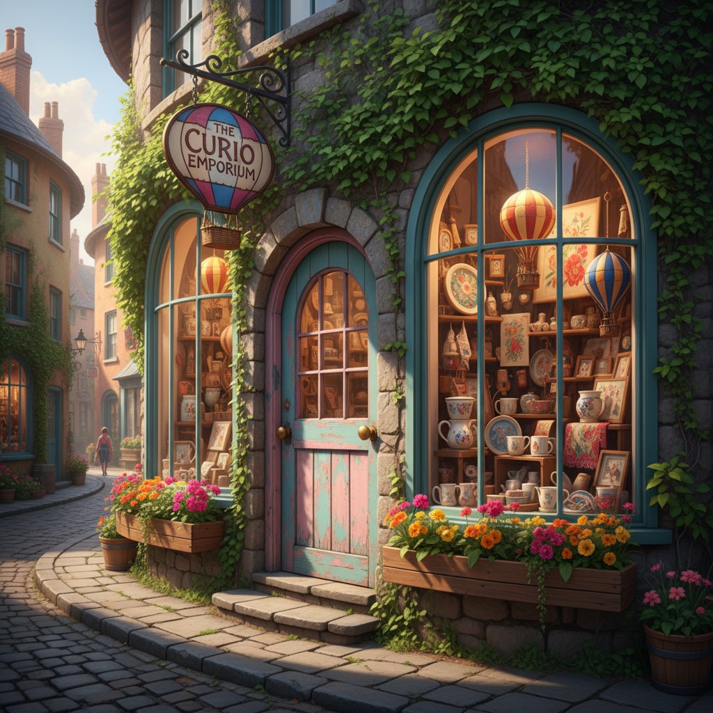 IR Ireland Cobblestone Street Shopfront Baskets Boats Flowers Flowers Hot Air Balloon the Curio Emporium.