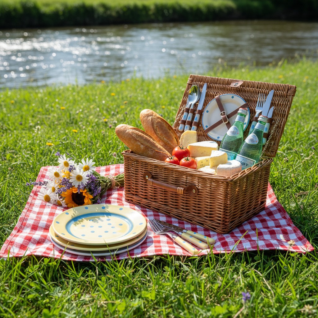 Picnic setting on grassy riverbank, with basket containing food and drinks, 3 plates, and flowers, against a body of water.