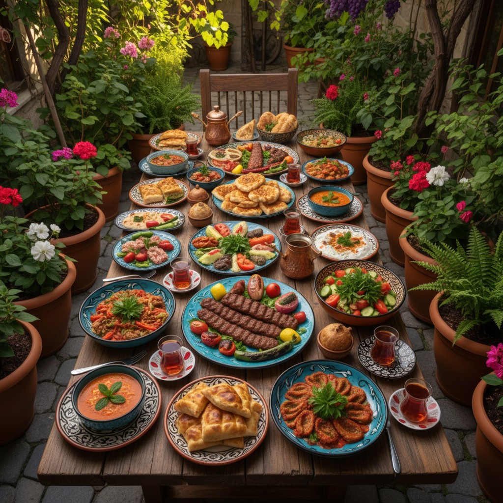 A comprehensive outdoor table setting featuring an array of Turkish dishes and drinks, surrounded by potted plants.